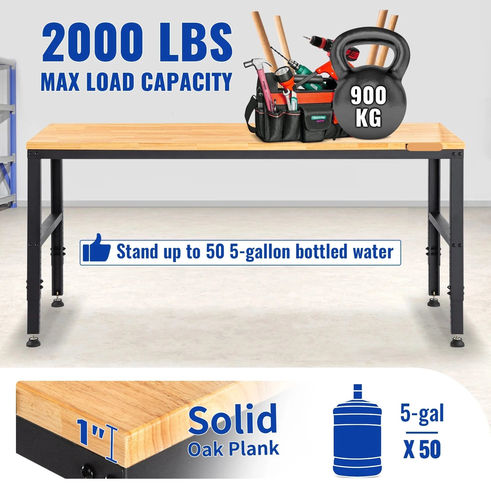 Verstelbare Werkbank - Werktafel - Industriële Werkbank - Garage Werkbank - 48x20inch - 2000lbs - Industrieel Werkstation - Hoogte Verstelbaar - Houten Werktafel - Met Stopcontacten – Voor Garage - Schuur of Kantoor - QUORE