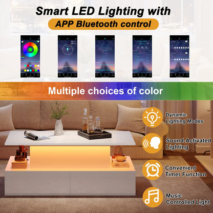 Salontafel – Moderne Tafel – Witte Hoogglans Tafel – Uitschuifbare Tafel – Met LED-Verlichting – Vier Lades – Geruisloos Uittreksysteem