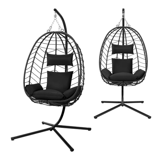 Schommelstoel - Hangende Ei-stoelen - Hangmat -Headrest - met Metalen Standaard - Zitkussen - Draagvermogen 150 kg - voor Tuin - Balkon - Terrasdecoratie - 102 x 100 x 196 cm - Antraciet - QUORE
