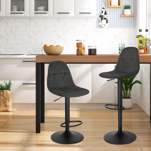 Barkrukken - Set van 2 Ergonomische Barstoelen – Fluweelen Zitten met Rugleuning – Verstelbare Hoogte (60-81 cm) – 360° Draaibaar – Stabiele Basis – Donkergrijs