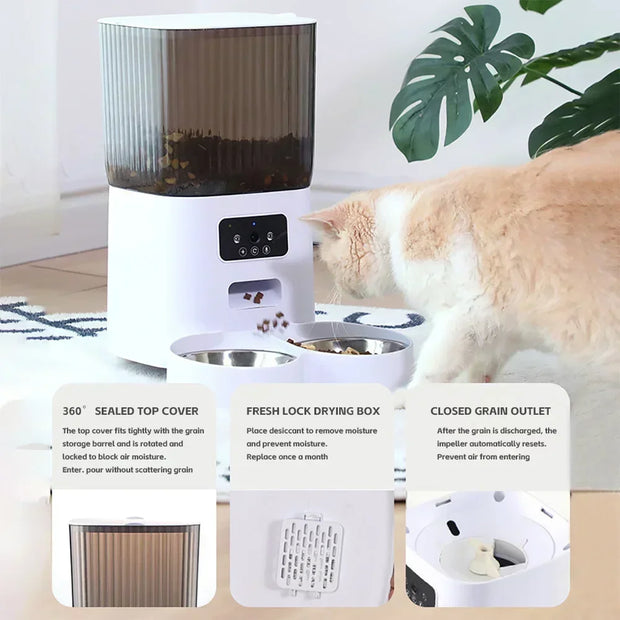 Voerbak - voerbakje kat en hond - 5L Dubbele Kommen - Automatische Kattenfeeder - Met Camera - Voice Recorder - Compatibel met WIFI - 20x33x33cm  - Wit