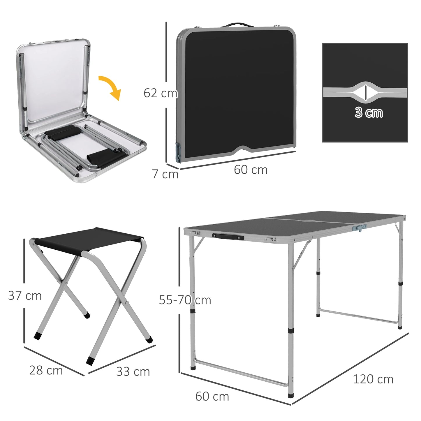 Vouwbare Campingtafel met Stoelen Set - 5-delige Zwart - Verstelbare Hoogte en Umbrella Hole - QUORE