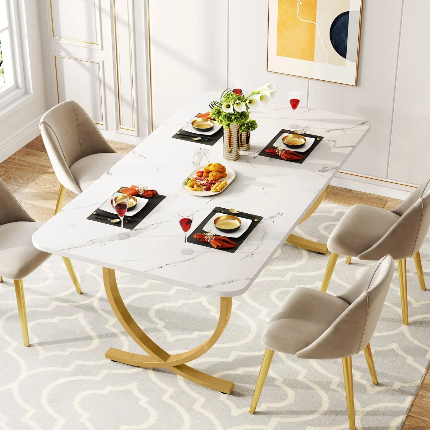 Eettafel – Tafel – Eetkamertafel – Bureau – Ontbijttafel – 160 Cm – Wit Marmerlook – Gouden Metalen Poten - Donkergrijs