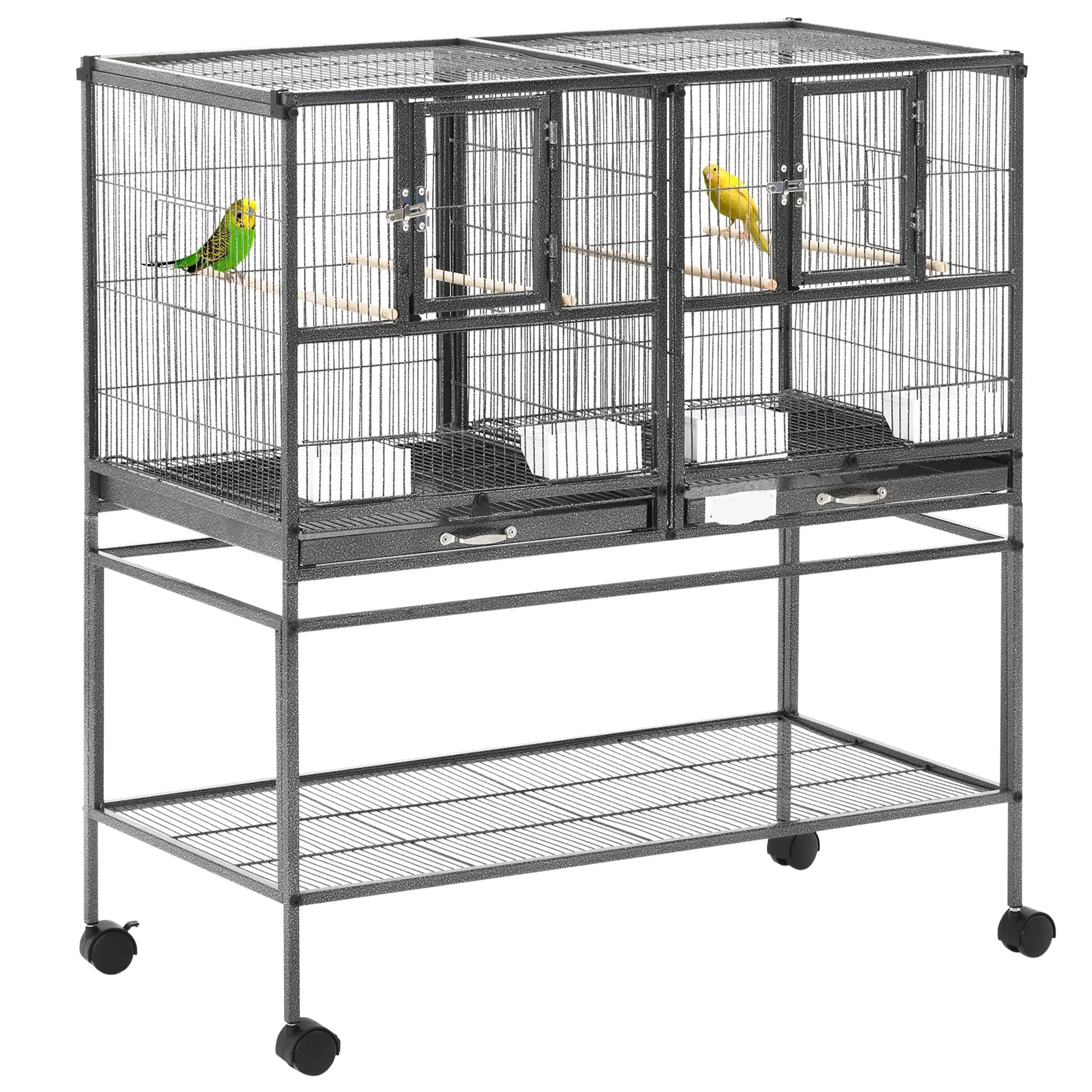 Vogelkooi – Papegaaienkooi – Parkietenkooi – Kanariekooi – Vogelvolière – Dubbele Indeling Met Wieltjes – Uitneembare Bodemplaten Voor Makkelijk Schoonmaken - QUORE