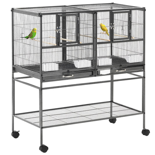 Vogelkooi – Papegaaienkooi – Parkietenkooi – Kanariekooi – Vogelvolière – Dubbele Indeling Met Wieltjes – Uitneembare Bodemplaten Voor Makkelijk Schoonmaken - QUORE