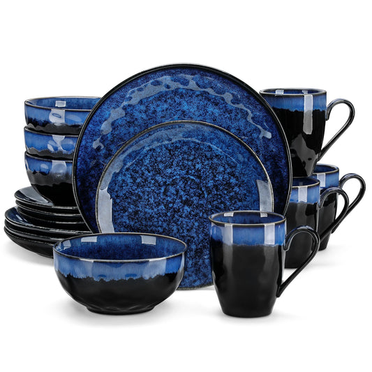 Tableware - Tableware set - 16 Pieces - Oven Change - Glaze Porcelain Tableware Set - with Dinner Plate, Dessert Plate - Bowl - Mug - Starry Blue