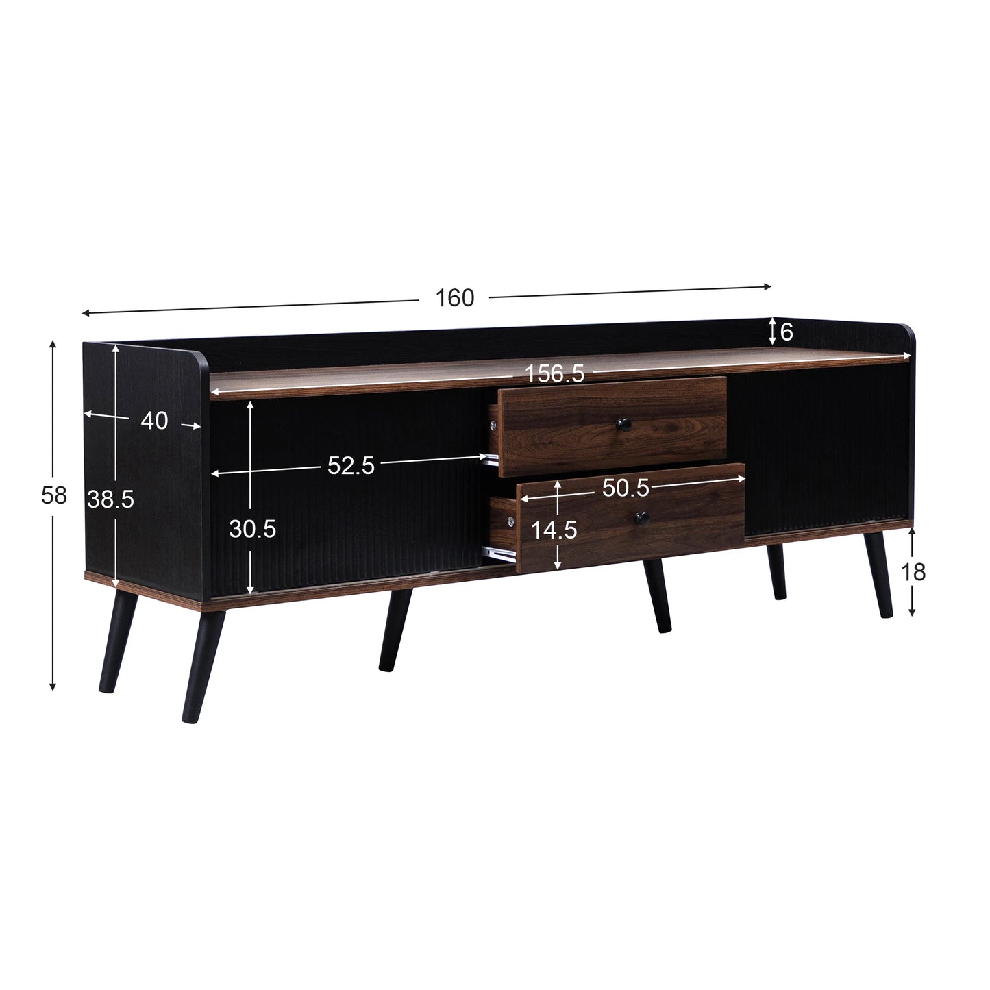 Tv-Kast – Tv-Meubel – Tv-Dressoir – Tv-Stand – 2 Lades – Schuifdeuren – Zwart Met Houtkleur-  160 x 40 x 58 cm