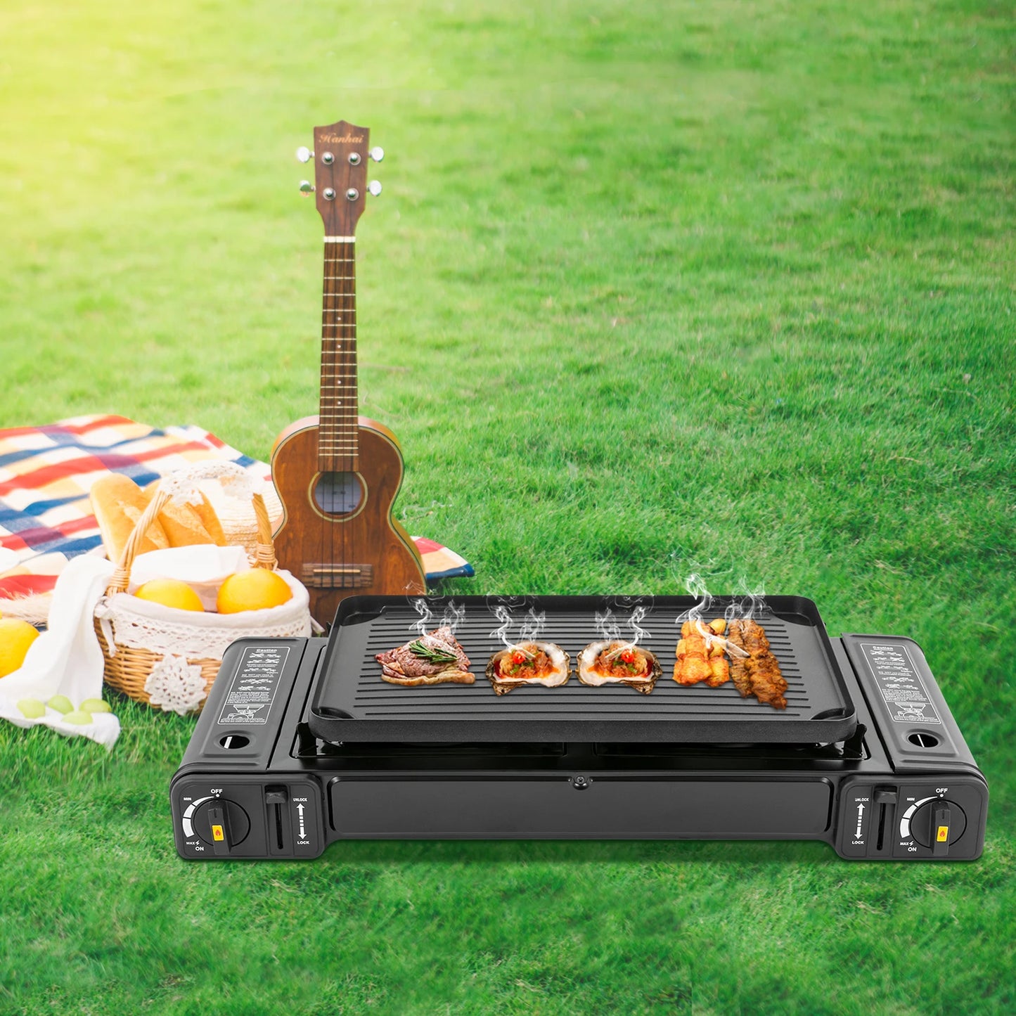 Tafel BBQ Gas – Camping Kooktoestel 2 Pitten – Draagbare Gasbrander met Draagkoffer – Verwijderbare Bakplaat – 64x28cm – Zwart
