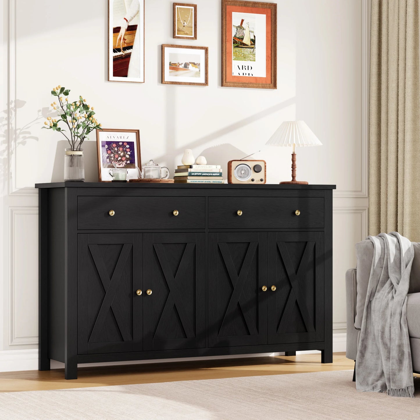 Grote Dressoirkast – Dressoir – Buffetkast – Sideboard – Opbergkast – Zwart – 140x40x89 cm – Soft-Close Deuren & Verstelbare Legplanken