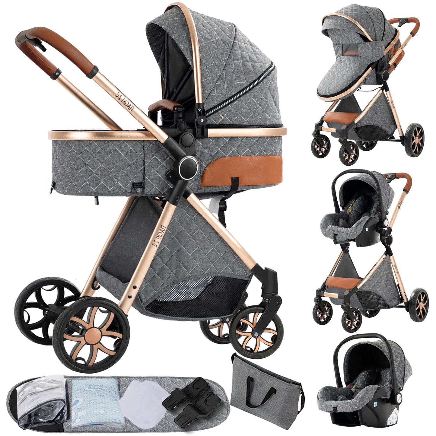 3-in-1 Autostoel Kinderwagen – Babywagen Wandelwagen Kinderbeveiliging – Compact Lichtgewicht – Duurzaam Katoen – Blauw - QUORE