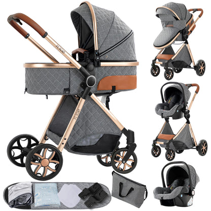 3-in-1 Autostoel Kinderwagen – Babywagen Wandelwagen Kinderbeveiliging – Compact Lichtgewicht – Duurzaam Katoen – Blauw - QUORE