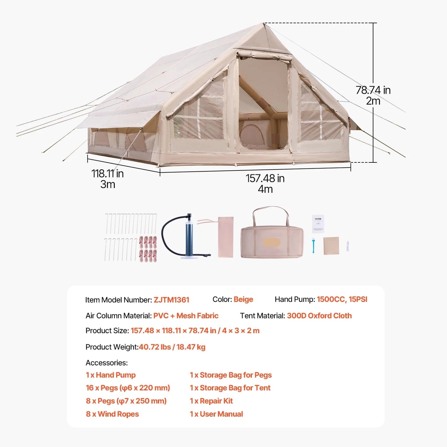 Opblaasbare Tent - Bell Tent - Camping Tent - Tenten - Kampeertent - Pop up Tent - 3-5 Personen - 4x3.1m - Opzetten in 10 Minuten - Waterdicht - Opvouwbaare - Ademend - Outdoor Camping – Glamping – Jachttent