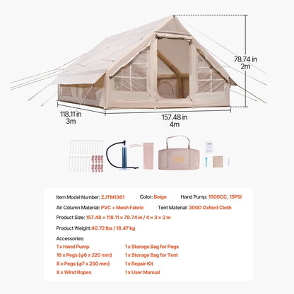 Opblaasbare Tent - Bell Tent - Camping Tent - Tenten - Kampeertent - Pop up Tent - 3-5 Personen - 4x3.1m - Opzetten in 10 Minuten - Waterdicht - Opvouwbaare - Ademend - Outdoor Camping – Glamping – Jachttent