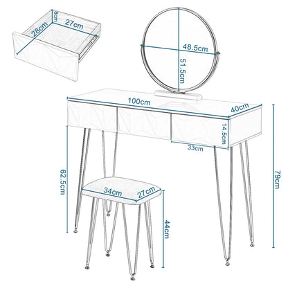 Kaptafel – Make-up Tafel – Visagie Tafel – Schminktafel – Dressoir – Wit – 360° Draaibare Spiegel – Fluwelen Kruk