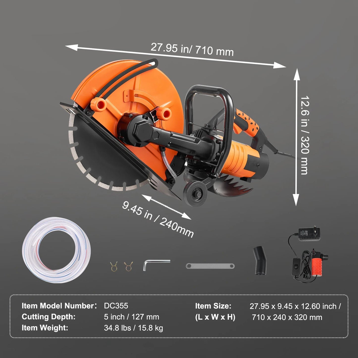 Elektrische Betonzaag - Muurfrees - Steenzaagmachine - Steenzaag - Zaagmachine - met Max. 5 Inch - Snijdiepte voor Beton - Steen - Baksteen - 3200W - 4600 RPM - Oranje