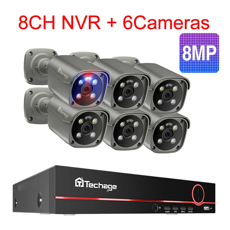 Techage 8CH 8MP 5MP 4K POE Camera System Two Way Audio Colorful Night Smart AI Face Detection CCTV Video Surveillance Clearance - QUORE