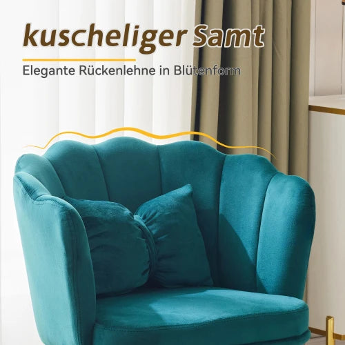 Eetkamerstoelen – Set van 2 - Velours Stoel – Lounge Stoel – Fluwelen Fauteuil – Design Fauteuil – Bloembladdesign – Ergonomisch Zitcomfort – Vergulde Metalen Poten - Blauwgroen