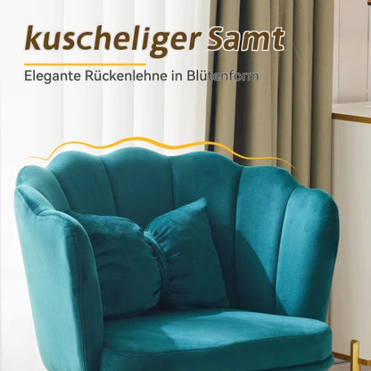 Eetkamerstoelen – Set van 2 - Velours Stoel – Lounge Stoel – Fluwelen Fauteuil – Design Fauteuil – Bloembladdesign – Ergonomisch Zitcomfort – Vergulde Metalen Poten - Blauwgroen