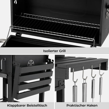 Charcoal Grill Cart with Lid,BBQ Smoker,Charcoal Grill Trolley with 2 Wheels,Standing Grill,for Camping,Garden - QUORE