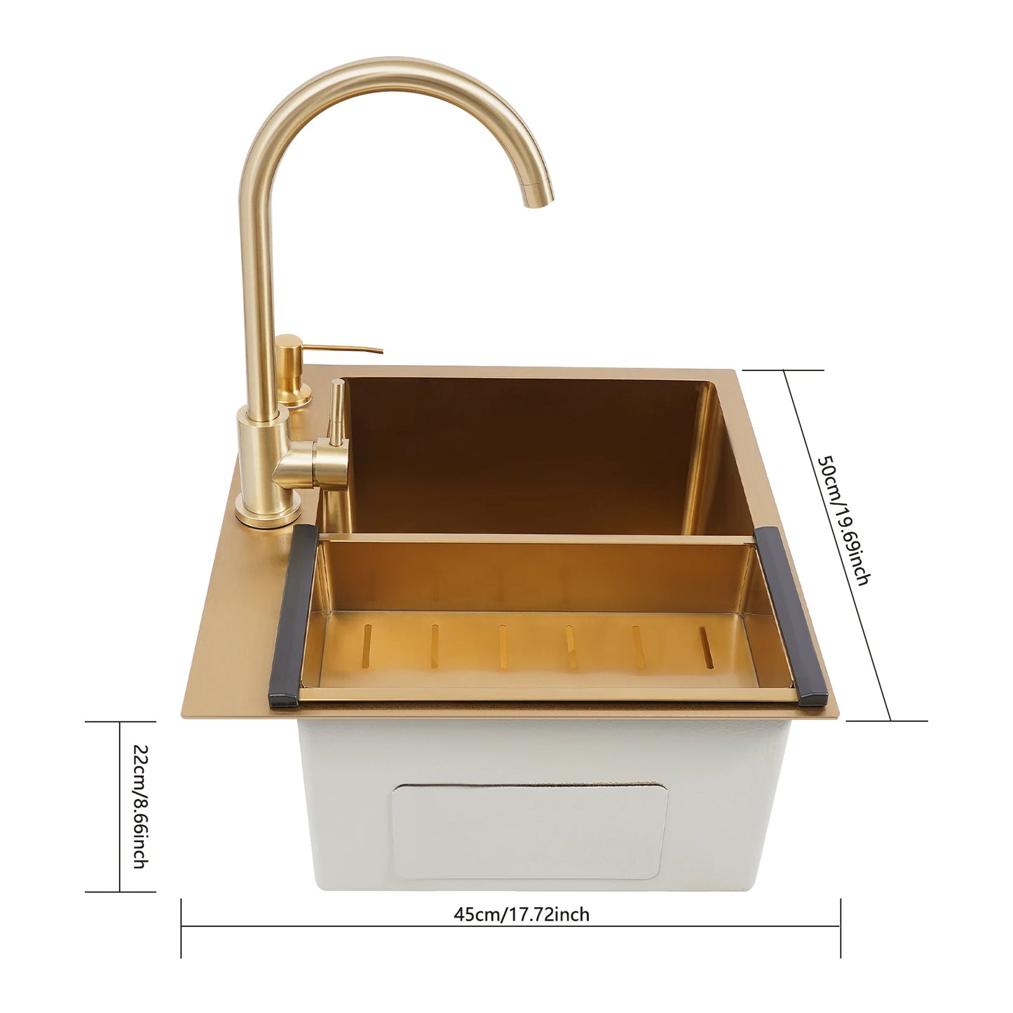 Gouden Spoelbak – Keukenspoelbak – RVS Spoelbak – Enkele Bak – Aanrechtspoelbak – Roestvrij Staal – 50x45x22 cm – Inclusief Kraan en Zeepdispenser - QUORE