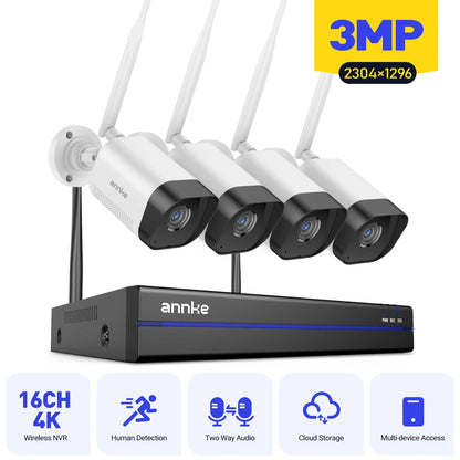 Draadloos Beveiligingssysteem – Wifi Camerasysteem – IP Camera Set – CCTV Systeem – 16-Kanaals NVR – 4 Camera’s 3MP Full HD – Ingebouwde 2TB HDD – Nachtzicht 30 Meter