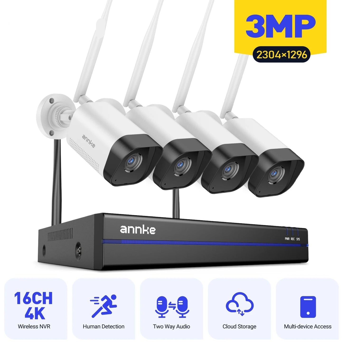 Draadloze CCTV Beveiligingsset – IP Camera Systeem – Videobewaking – WiFi Beveiliging – Bewakingscamera – 2K HD Beeldkwaliteit – Nachtzicht 30 Meter