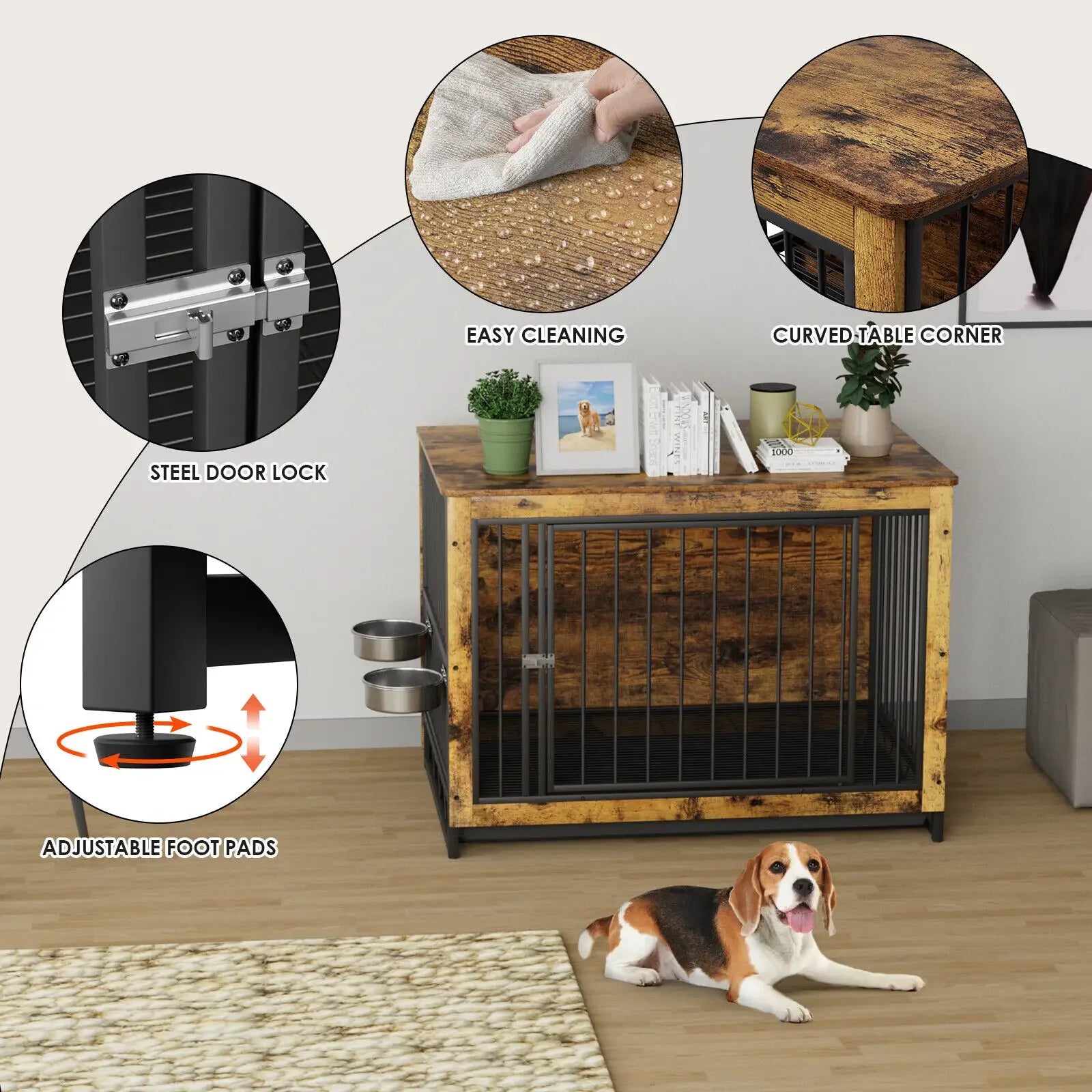 Hondenbench – Hondenkooi – Hondenkennel – Hondenhuis – Hondenhok – MDF Hout & Staal – 360° Draaibare Roestvrijstalen Voerbakken - 39inch - Bruin - QUORE