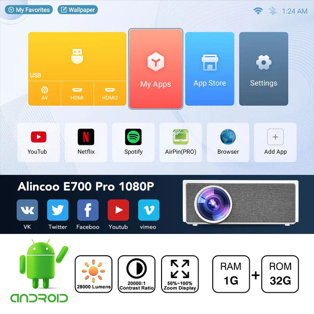 Alincoo - E700 - Beamer - Projector Beamer - Mini Meamer - 4k - Full HD 1080P - 1920x1080dpi - Automatische focus - 5G - met WiFi - 28000 Lumens - Wit