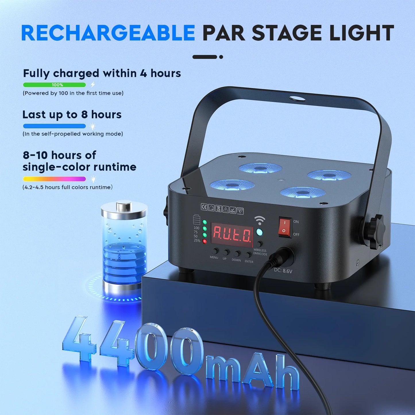 Mini LED PAR Lampen Set – Draadloze LED Stage Verlichting – Oplaadbare DJ Lampen – RGBWA UV Licht – 8 Stuks Met Flightcase – 10 Uur Batterijduur – Compact En Robuust Design