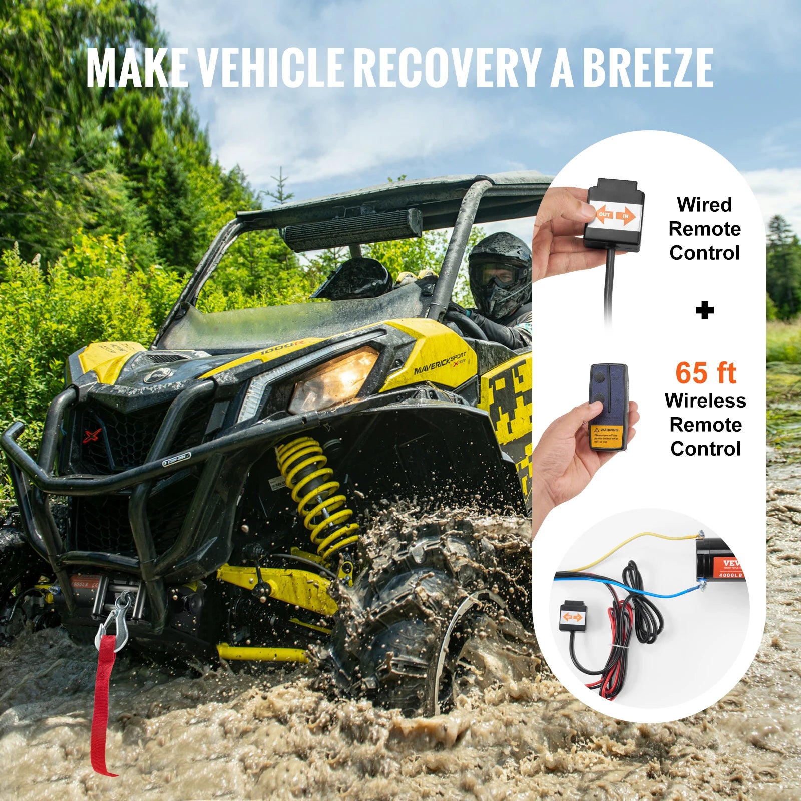 Lier - Takel - Kabeltakel - Kettingtakel - Elektrische - Waterdicht - 12V - 4000lbs - Winch met 39ft Stalen Kabel en Bedrade/Wireless Afstandsbediening - voor ATV/UTV en Truck Towing - QUORE