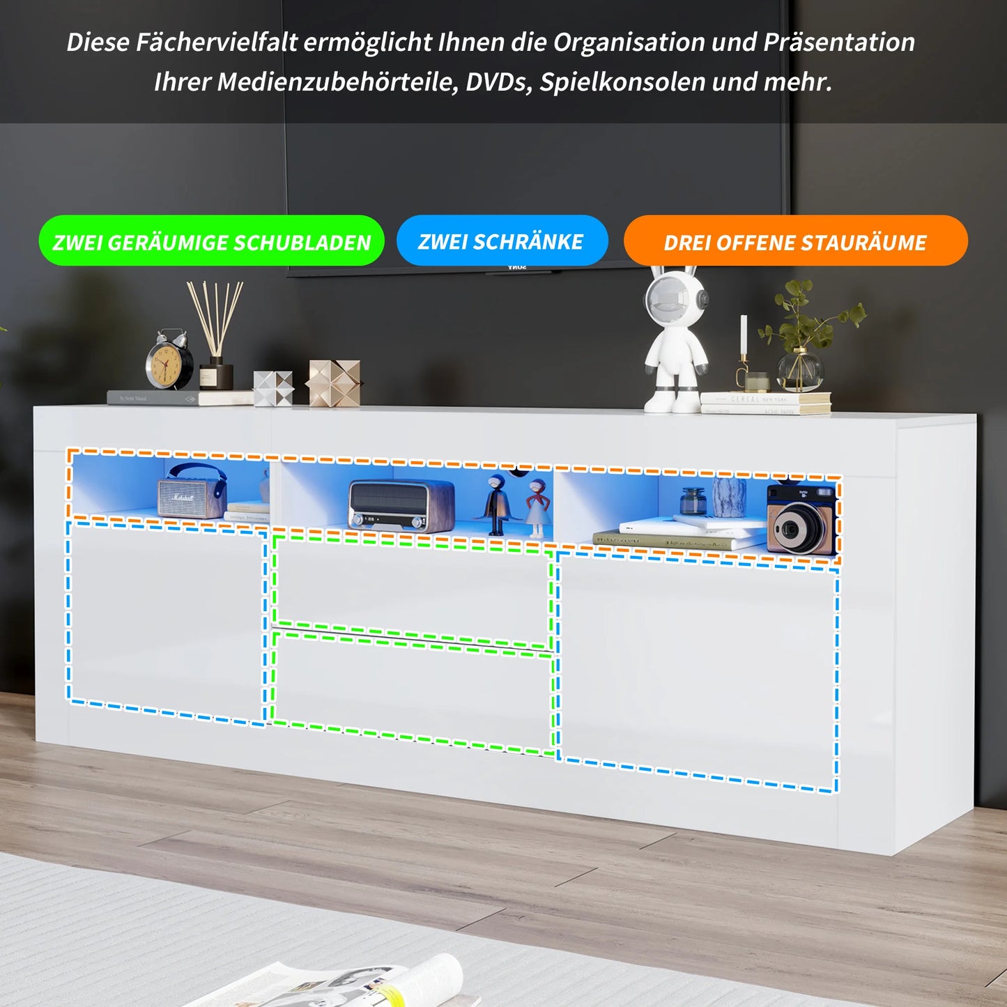 Hoogglans Tv-Meubel – Modern Tv-Kast – Mediameubel – Tv-Stand – Met Push-To-Open Lades – Led-Verlichting Met App - 160 x 35 x 60 cm - Wit