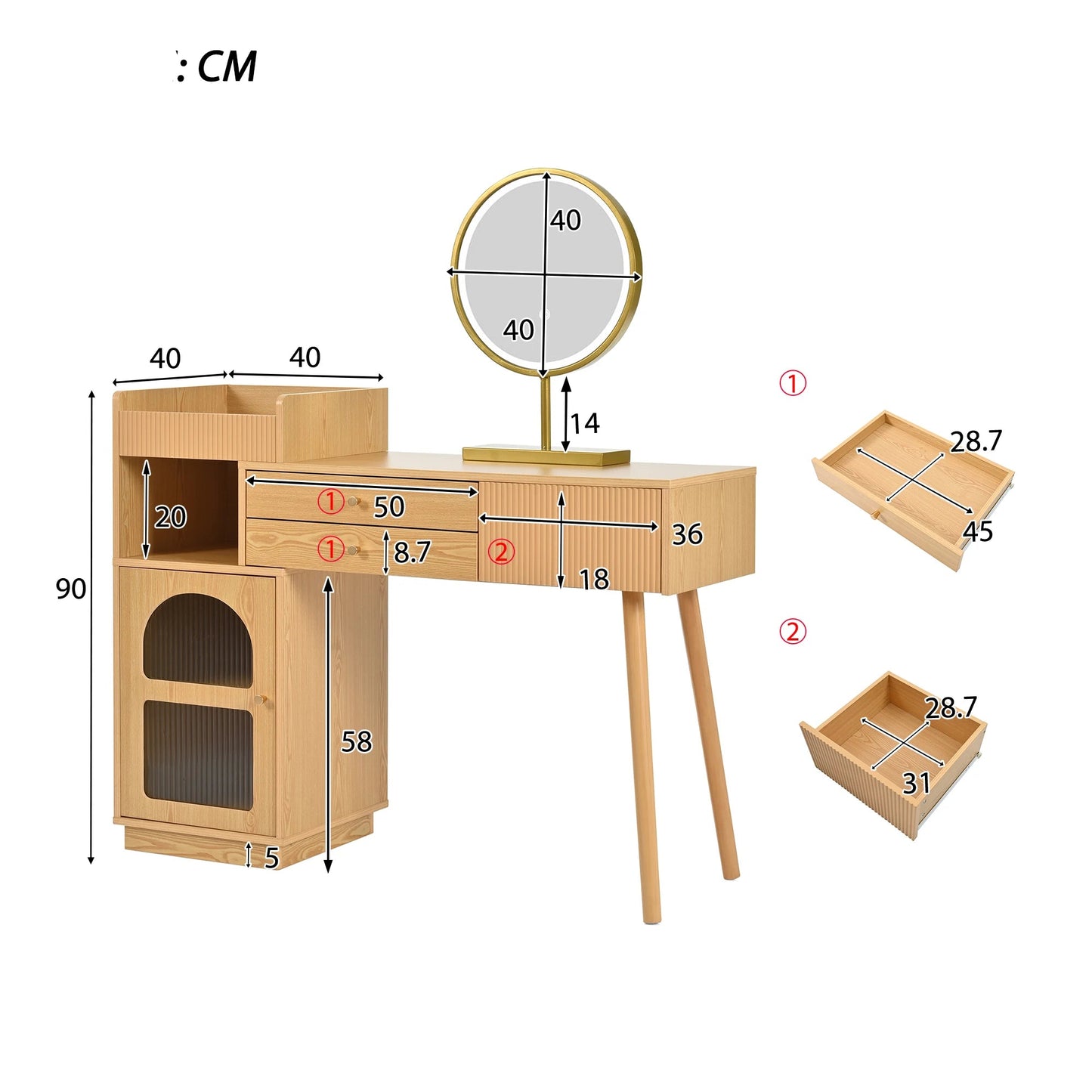 Make-Up Tafel – Kaptafel – Make-Up Bureau – Beauty Meubel – Driedubbele LED-Verlichting – Ruime Opbergruimte - Bruin