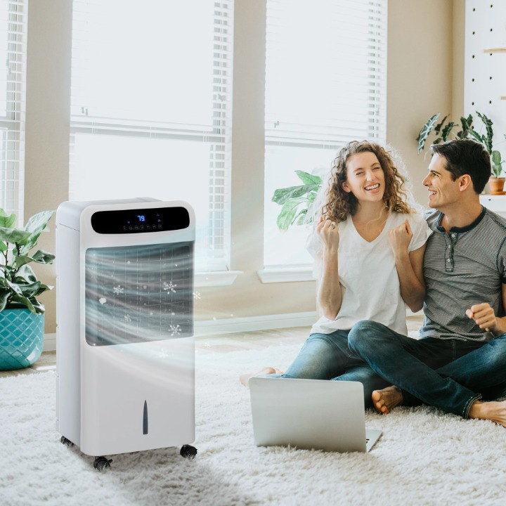 Mobiele Airco - Draagbare Airconditioning - Mini-Airconditioning - Verdampings Luchtbevochtiger - met Wielen - 12L Reservoir - voor Koeling - Ventileren - Ontvochtigen - 75W - 25-35 m² - 220-240 V/50HZ  - 38 x 35 x 81 cm - Wit & Zwart