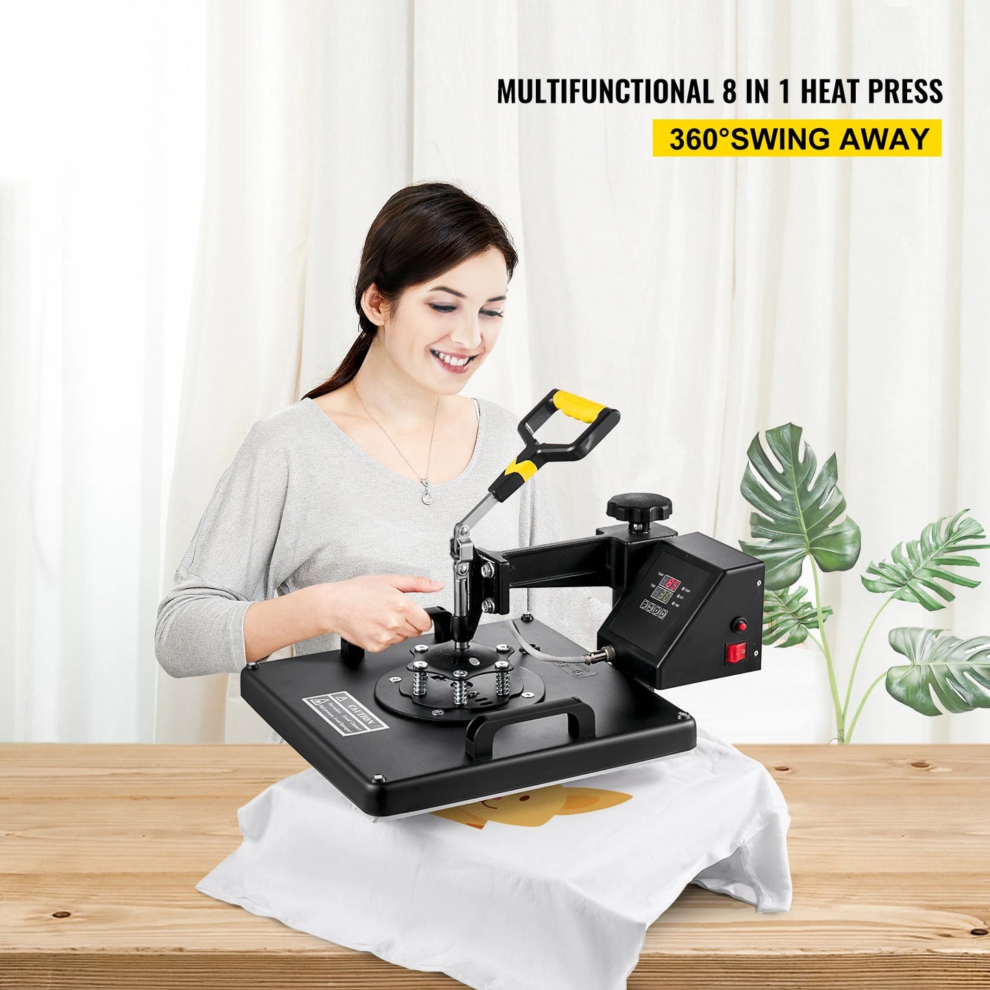 15x15 Inch 8-in-1 Hittepersmachine - 360° Draaibaar - LED Display - Sublimatie Transferpers voor Mokken, T-shirts & Meer - 1250W - Zwart