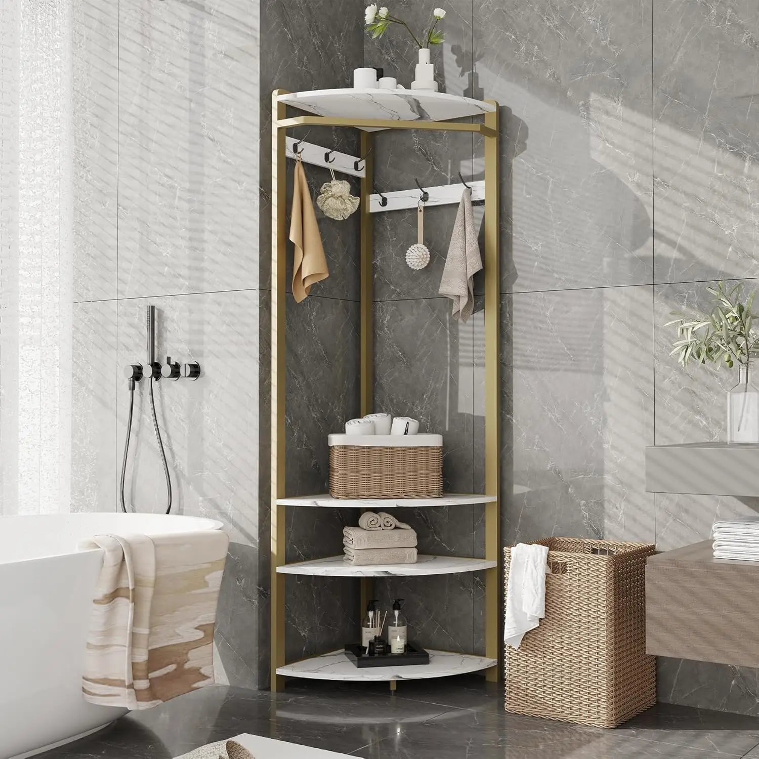 Hoekkapstok met Schoenenbank en 6 Haken - Multifunctioneel Kledingrek - Stabiel en Ruimtebesparend - Opbergruimte met Plank - Industrieel Modern - 50 x 50 x 181 cm - Goud - QUORE