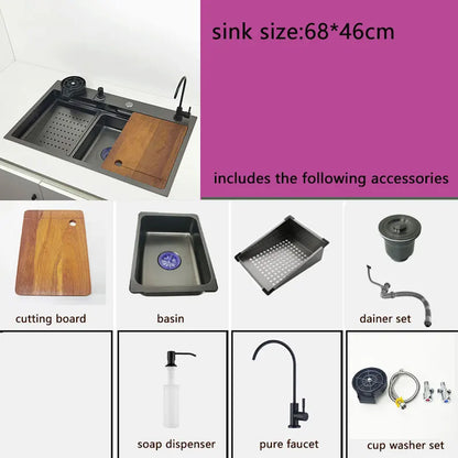 RVS Spoelbak – Keukenspoelbak – Enkele Bak – Werkbladafvoer – Inbouw Spoelbak – Honingraat Oppervlak – Anti-Kras Nano Technologie – Afvoer Links – Topmontage – Waterval Kraan – 68x46 cm