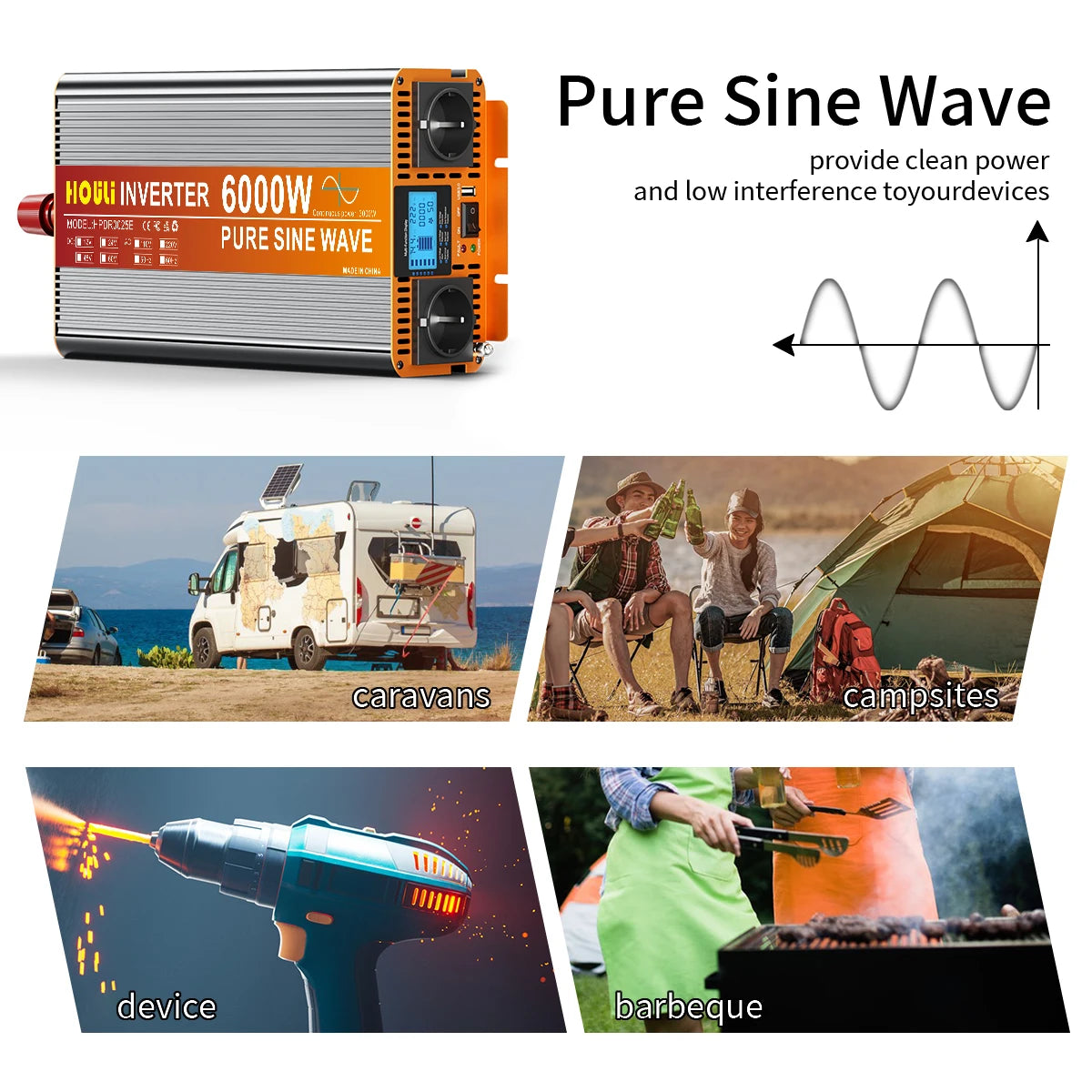 HOULI 3000W-7000W Car Power Inverter 12V/24V to 220V AC Converter with Dual EU Sockets &USB，Ideal for Camping, RV, Emergency Us - QUORE