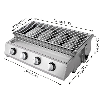 Gasbarbecue - BBQ-grill - Rookloze Barbecue - met 4 Individuele Branders - Hoogte Verstelbaar - Hoogwaardig materiaal - Snelle verwarming - Groot kookoppervlak - Eenvoudig schoon te maken - RVS - 58 x 40 x 20 cm -Zilver