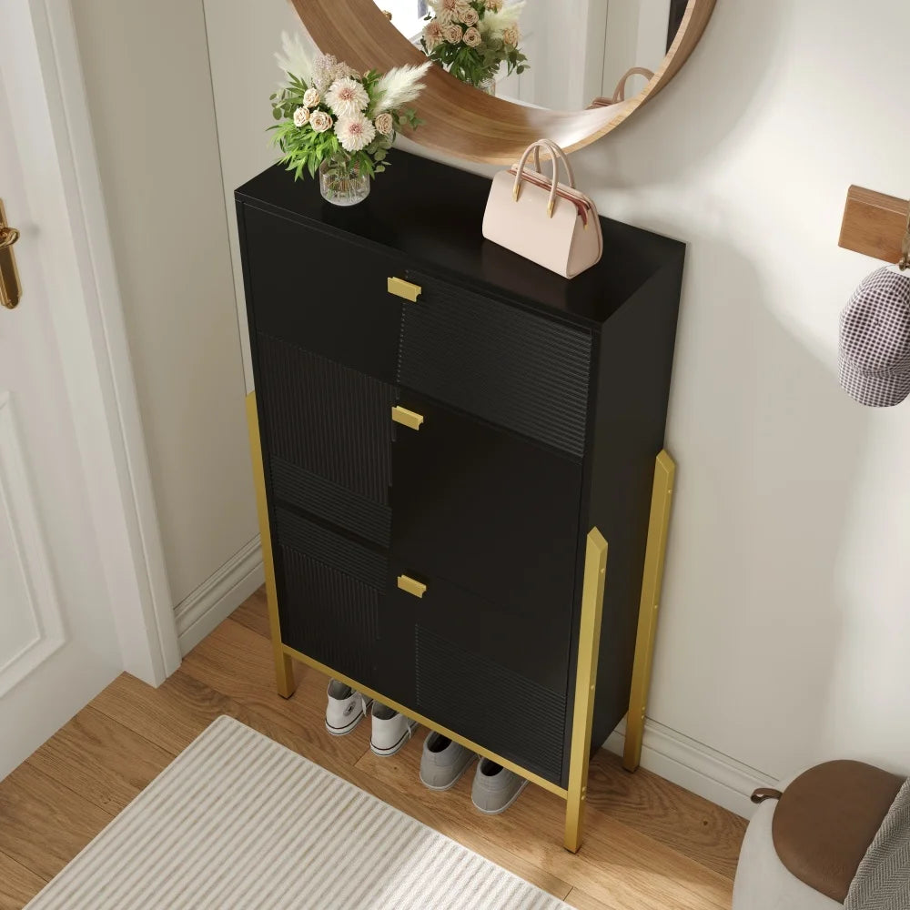 Schoenenrek – Schoenenkast – Opbergkast – Schoenrek – Schoenopberger – Dubbele Planken – Gouden Accenten - 65 x 120,5 x 25 cm - Zwart