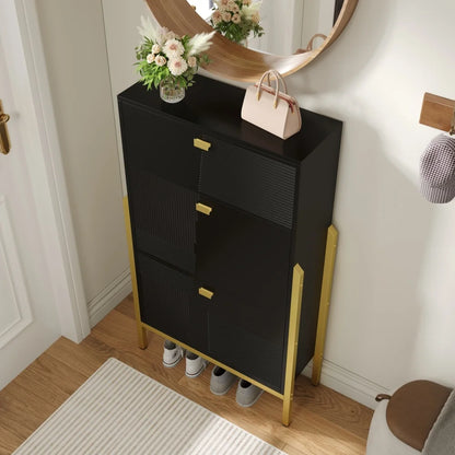Schoenenrek – Schoenenkast – Opbergkast – Schoenrek – Schoenopberger – Dubbele Planken – Gouden Accenten - 65 x 120,5 x 25 cm - Zwart