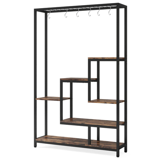 Plantenstandaard - Hoge Binnen Plantenplank - 5-Tier - 70.9 Inch Hoogte - Grote Metalen Plantenrek - Plantenrekken - Bloemenrek - Plantenstandaarden - Inclusief 10 Ophanghaken – Geschikt voor Tuinen en Interieur - Bruine Afwerking - QUORE