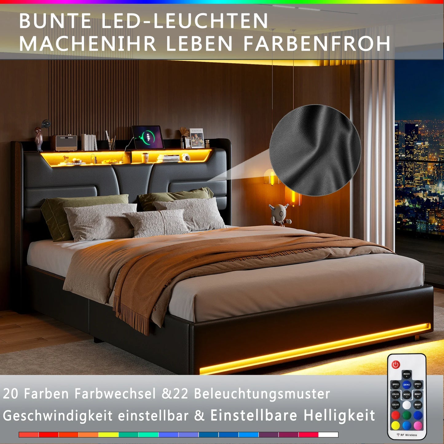 fangange Upholstered double bed, 140x200 cm, 160x200 cm, with storage space, upholstered headboard, with slatted frame, PU