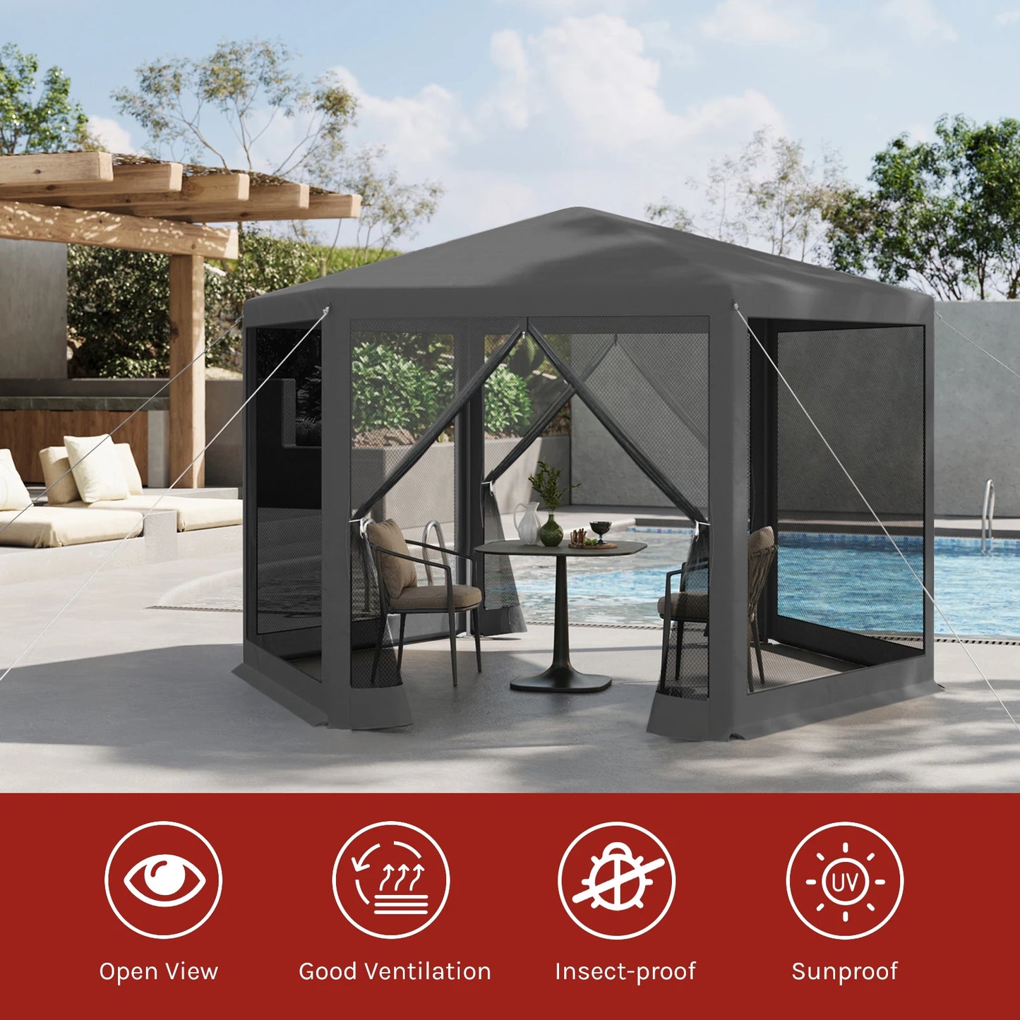 Tuinpaviljoen – Tuinkoepel – Tuintent – Schaduwdoek – Insectennet – 3.8x3.3 Meter – Waterafstotende 210D Oxford Stof - Donkergrijs