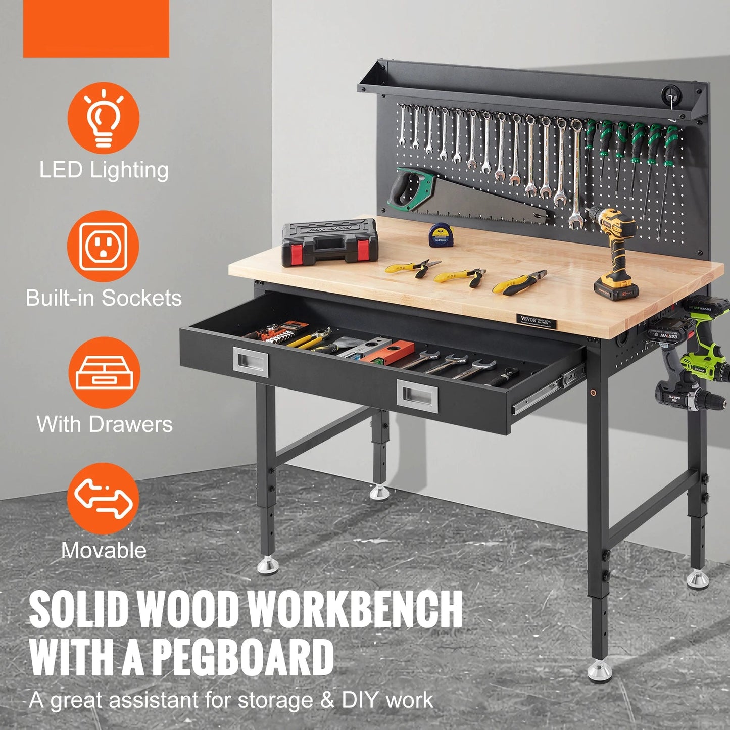Verstelbare Werkbank 2000lbs - 48"x24" - Hoogte 71-100 cm - Inclusief LED Licht - 3m Kabel & 30 Haken - Voor Garage & Werkplaats