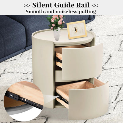Rond Nachtkastje – Nachtkast, Bedside Table, Opbergkastje, Ladekast – Khaki – Massief Hout & Zadelleer – Compact Model 45x50 cm – 2 Laden Opbergruimte - QUORE