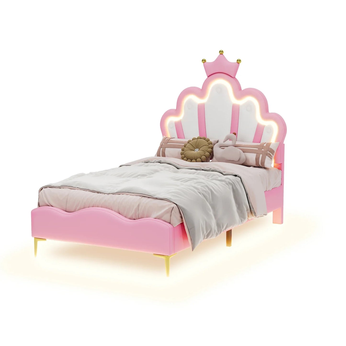 Kinderbed – Prinsessenbed – Eenpersoonsbed – Meisjesbed – Kinderbedframe – Kroonvormig Hoofdeinde – Fluwelen Bekleding – Afmeting 90x200 cm