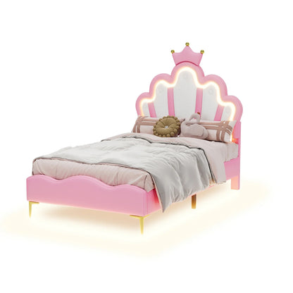 Kinderbed Prinsessenkroon – Meisjesbed – Bed Voor Kinderen – Eenpersoonsbed – Jeugdbed – Fluwelen Hoofdeinde – 90x200 cm – MDF Frame Met Metaal