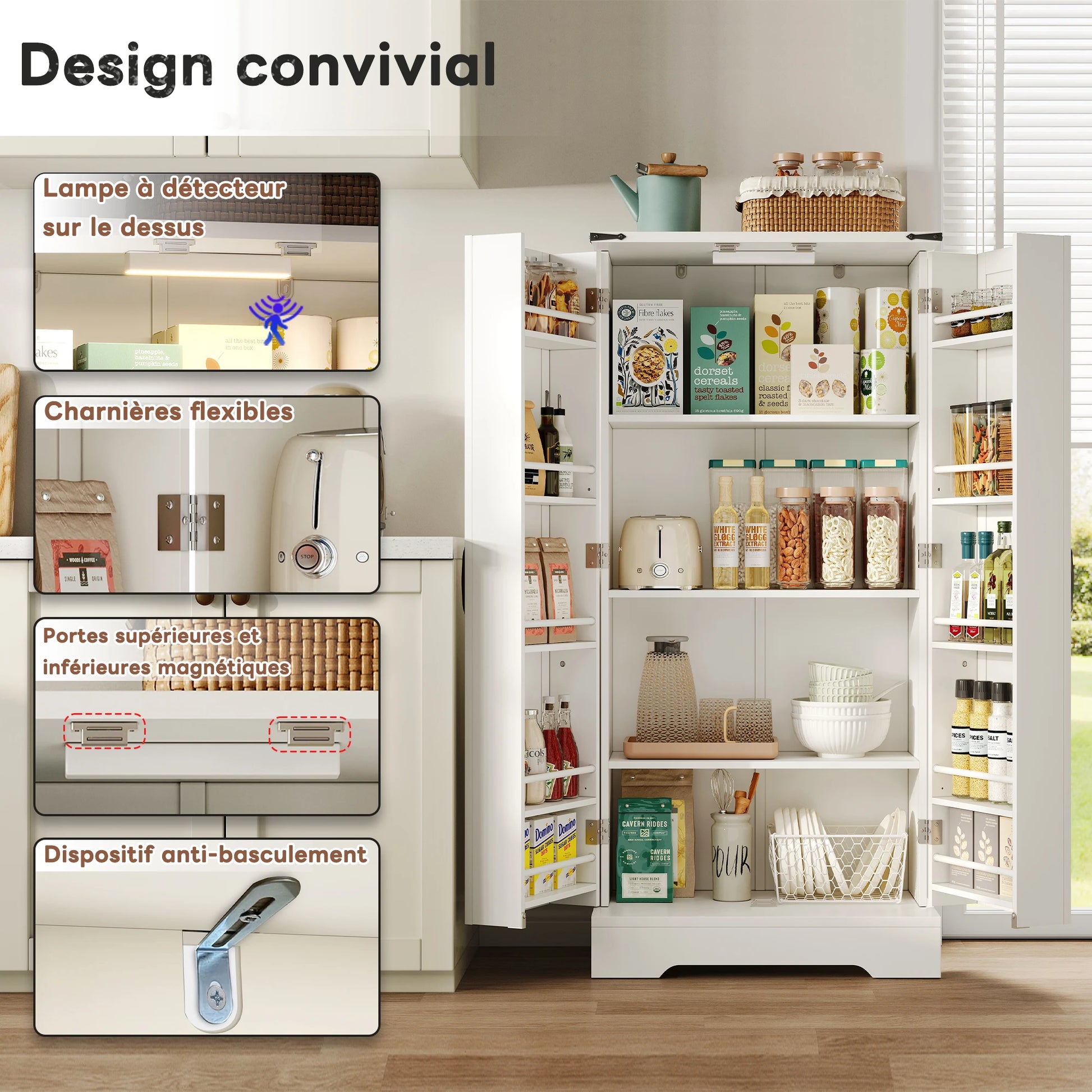 Keukenkast – Opbergkast – Kast Met Deuren – Kast Met Planken – Dressoir – LED-Verlichting – 60×35×128,5 cm – Verstelbare Planken - QUORE