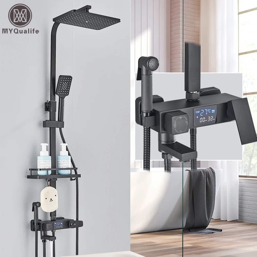 Douche - Regendouche - Douchewand - Douchekolom - Douchepanelen - Mat Zwarte Thermostatische Regendouche Set – Badkraan met Opbergrek & Verstelbare Hoogte - Zwart