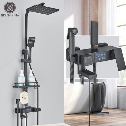 Douche - Regendouche - Douchewand - Douchekolom - Douchepanelen - Mat Zwarte Thermostatische Regendouche Set – Badkraan met Opbergrek & Verstelbare Hoogte - Zwart